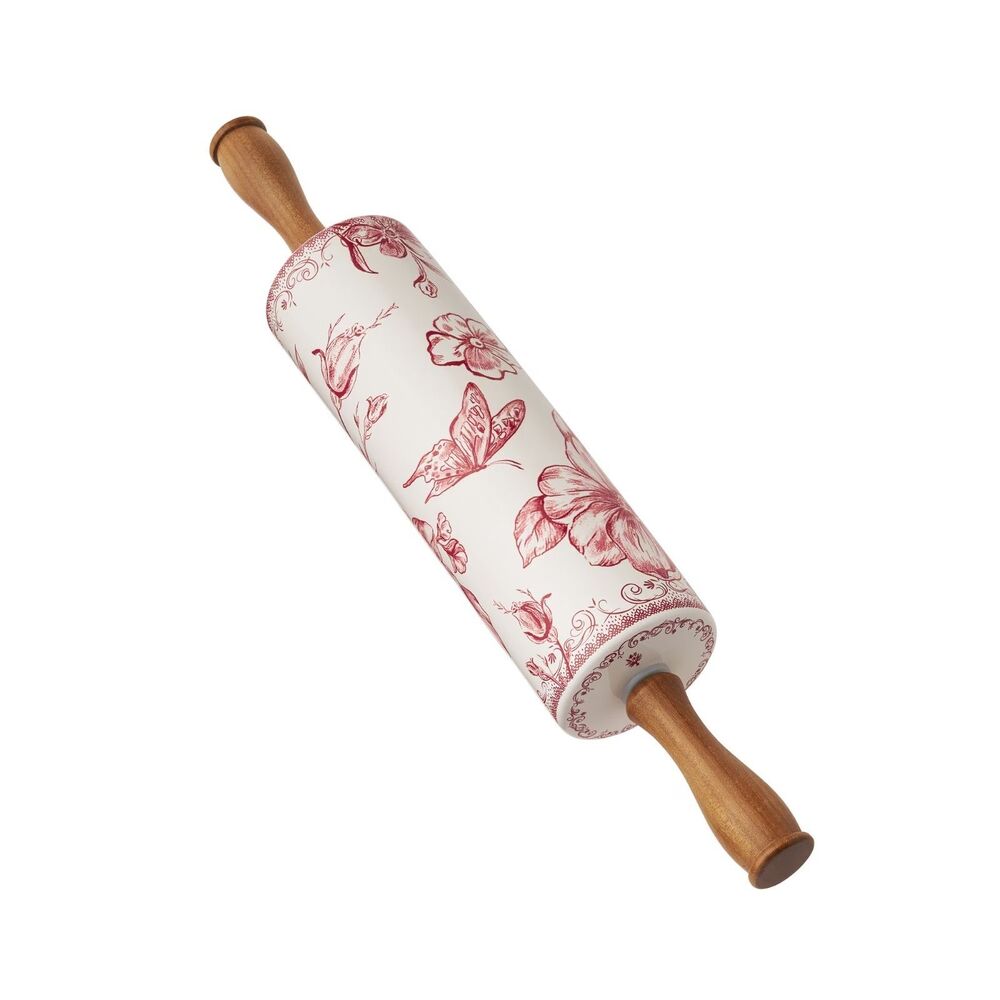 Pioneer Woman Agatha Rolling Pin With Wood Handles White Red Floral Ceramic